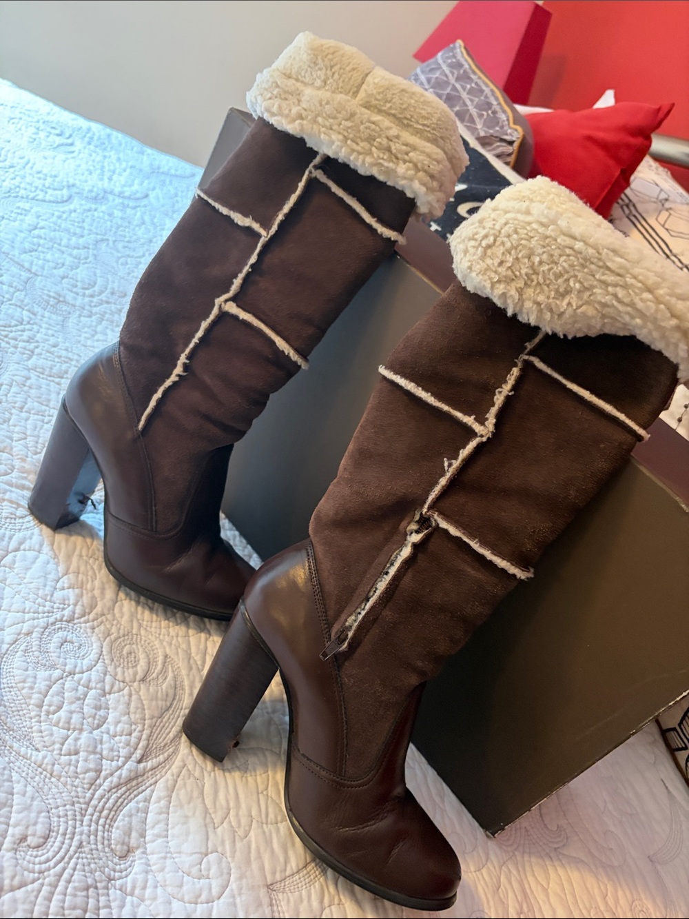 Enzo Angiolini Brown Suede & Leather Shearling Trim High Heel Boots